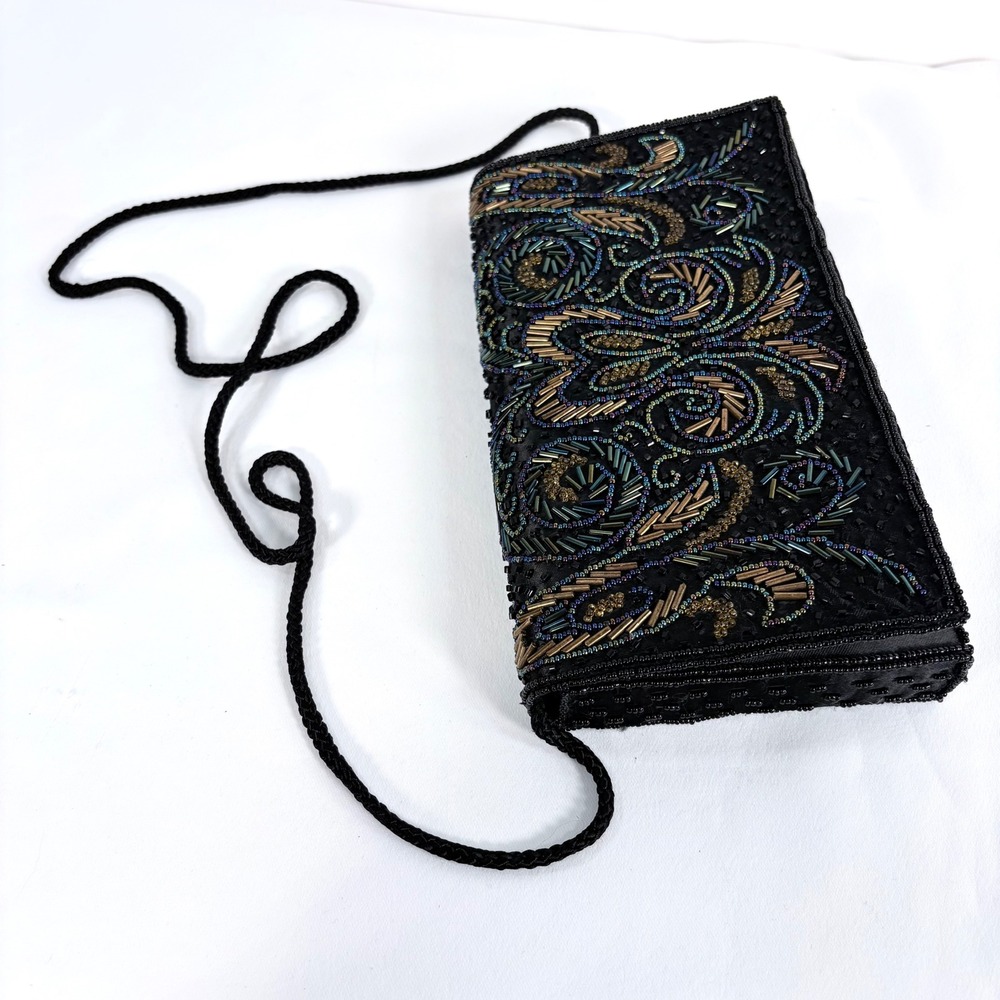 Carolyne Barton Beaded Clutch Black Iridescent Gold Paisley Evening Bag - Picture 4 of 10